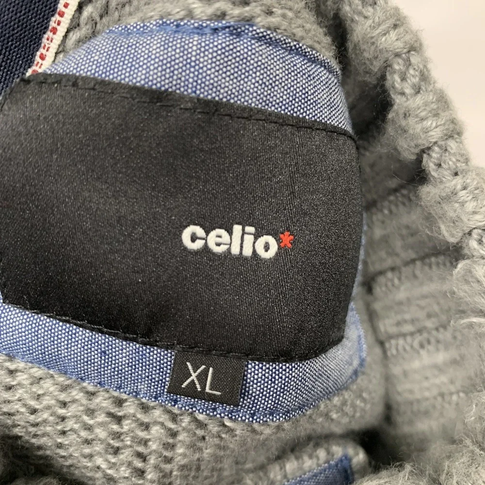 Celio Gray Cable Knit Mock Neck Quarter Button Sweater Men XL Cotton Blend